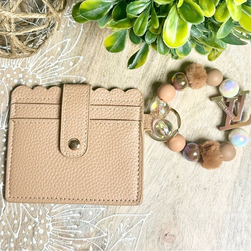 Card Holder Wristlet with Handmade Beaded Keychain in Tan - Picture 7 of 9
